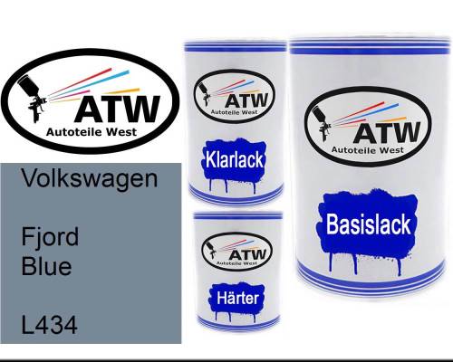 Volkswagen, Fjord Blue, L434: 500ml Lackdose + 500ml Klarlack + 250ml Härter - Set, von ATW Autoteile West.